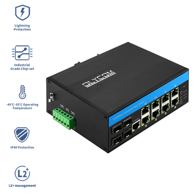 12 puertos Gigabit Industrial Fiber Switch 10/100 / 1000mbps Conmutador administrado DC48V