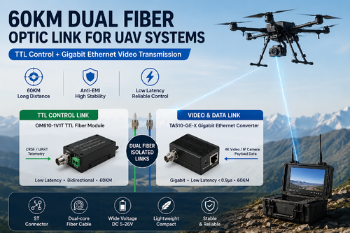 último caso de la compañía sobre Enlace de Fibra Óptica Dual de 60KM para Sistemas UAV: ​​Control TTL + Transmisión de Video Gigabit Ethernet