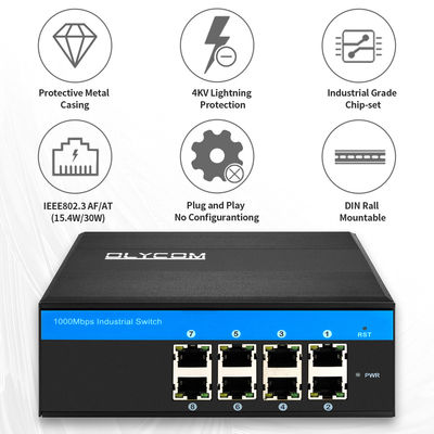 8 puertos PoE Ethernet Switch Red industrial no gestionada 120W/240W DC48V IP40 calificado