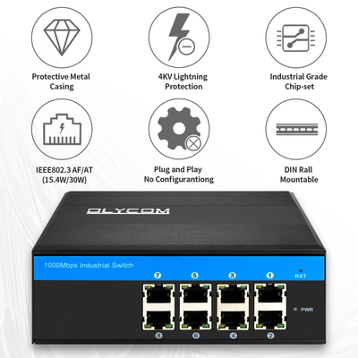 Convertidor de medios PoE industrial no administrado de gigabit 8 puertos 120W 240W salida DC48V