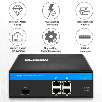 Gigabit 5 puertos Ethernet POE Switch de fibra 120W Budget Sin gestión de la ranura SFP industrial