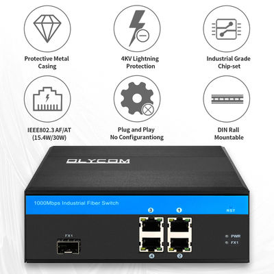 Switch PoE de fibra Gigabit de 5 puertos industriales | Presupuesto de energía de 120W Ranura SFP No gestionado