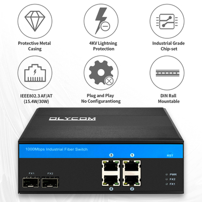 4 puertos Gigabit PoE Switch 120W Sin administrar Din Rail Casilla endurecida PoE activo OEM