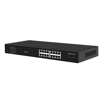 16 puertos Gigabit Poe Switch 300W Presupuesto VLAN no administrado 250 metros de distancia Fibra SFP