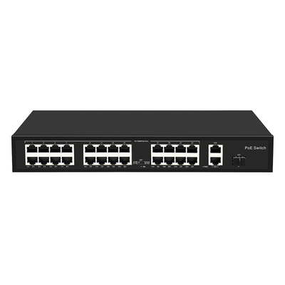 24 puerto 10/100M POE Switch Gigabit Fibra óptica Uplink AC Rack No gestionado 300W presupuesto