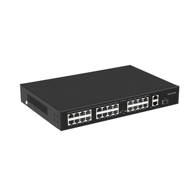 24 puerto 10/100M POE Switch Gigabit Fibra óptica Uplink AC Rack No gestionado 300W presupuesto
