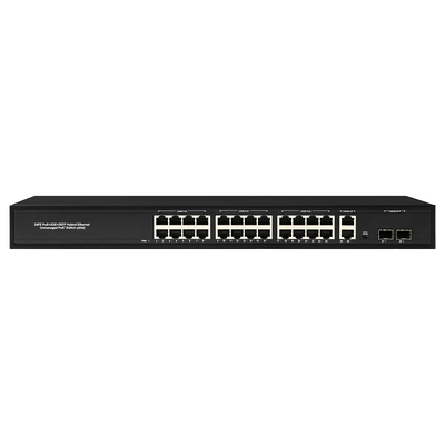 24 puertos de red 48V Active PoE Switch 450W AF/AT estándar con 2 puertos Ethernet de enlace ascendente RJ45