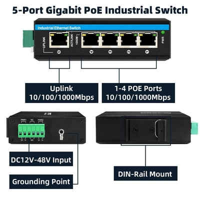5 puertos amplificador de voltaje gigabit 12-48VDC de entrada con interruptor de red industrial POE