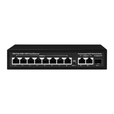 Interruptor POE no administrado de 120W 8 PoE 10/100/1000Mbps + 2 LAN 10/100/1000Mbps + 1SFP 100/1000M