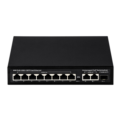 Interruptor POE no administrado de 120W 8 PoE 10/100/1000Mbps + 2 LAN 10/100/1000Mbps + 1SFP 100/1000M