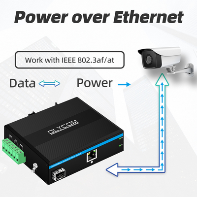 Convertidor de medios PoE industrial Gigabit Ethernet 30W 48V Salida Din Rail sin administrar