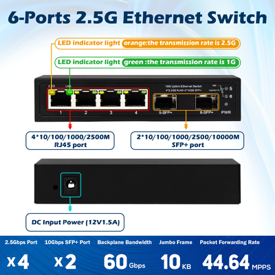 6 puertos con conmutador Ethernet de fibra 10g 4* 2.5G RJ45 + 2* 10G SFP+ soporte OEM/ODM
