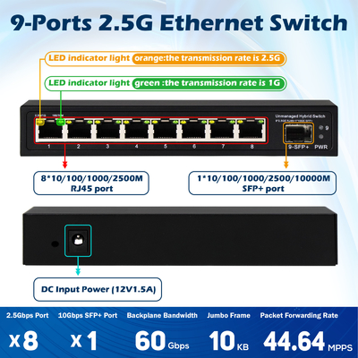9 puertos sin administrar 2.5G Ethernet Switch con 10G Uplink SFP puerto 60Gbps ancho de banda de plano trasero