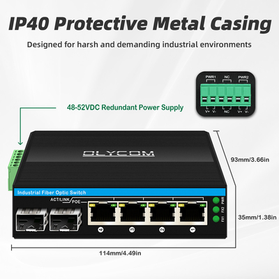 Mini 6 puertos con conmutador de ethernet de gigiabit, conmutador de poe din rail 2 sfp+ 4 RJ45 DC48-52V con doble entrada de energía
