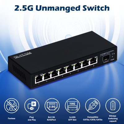 Interruptor Ethernet 10G Interruptor de red no administrado 8*2.5G Puertos SFP RJ45+1*10G