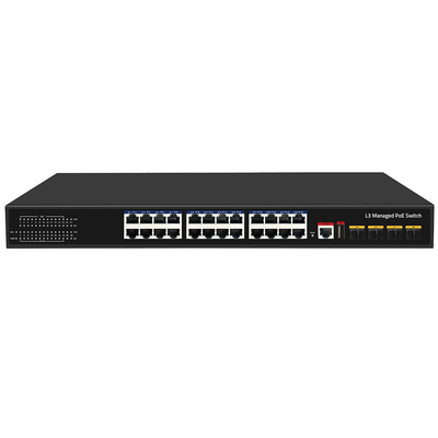24 puertos PoE Switch 10G Fiber300W Consola USB de presupuesto L3 Entrada de CA administrada