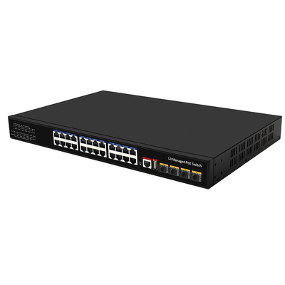 24 puertos PoE Switch 10G Fiber300W Consola USB de presupuesto L3 Entrada de CA administrada
