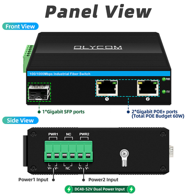 Mini convertidor de fibra óptica con interruptor de Ethernet industrial con interruptor Poe con entrada DC48V
