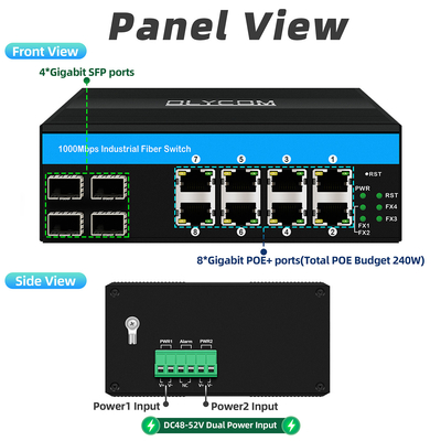 Interruptor industrial de Ethernet de 8 puertos gigabit POE 4SFP+8RJ45 DC48V Entrada de potencia doble