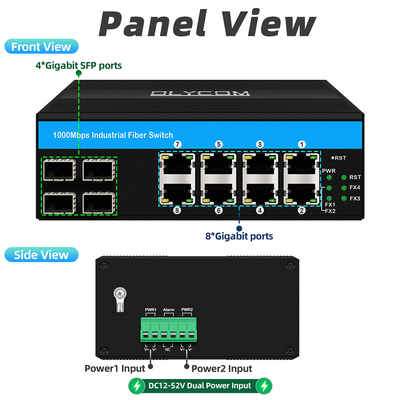 12 puertos con interruptor Ethernet industrial Din conmutador de red 4SFP+8RJ45 DC12-52V doble fuente de alimentación