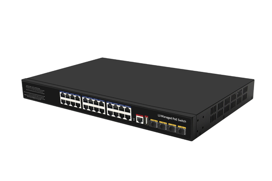 Switch Ethernet gestionado L3 PoE de 24 puertos 10G, switch de fibra, 400W, 4 puertos de fibra 10G + 24 puertos RJ45 PoE