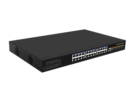 Switch Ethernet gestionado L3 PoE de 24 puertos 10G, switch de fibra, 400W, 4 puertos de fibra 10G + 24 puertos RJ45 PoE