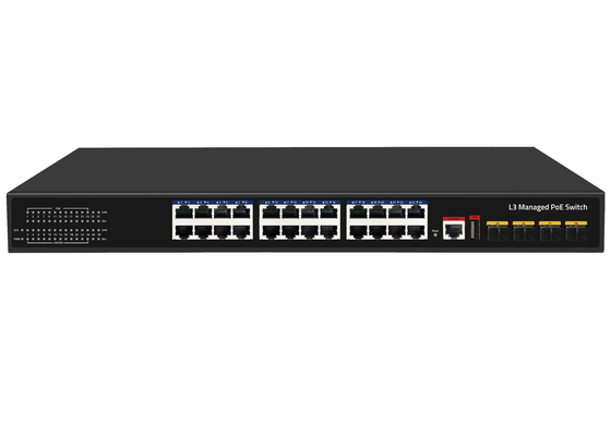 Switch Ethernet gestionado L3 PoE de 24 puertos 10G, switch de fibra, 400W, 4 puertos de fibra 10G + 24 puertos RJ45 PoE