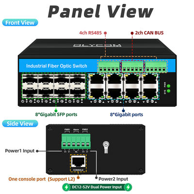 Switch de fibra industrial gestionado con bus CAN RS485, 6 puertos, uso rudo, sin ventilador, clasificación IP40
