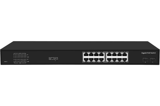 16 puertos Gigabit PoE Switch 1G Uplinks de fibra AC de entrada única de 300W Presupuesto CE sin ventilador