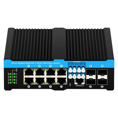 Switch de derivación de fibra industrial con 4 puertos SFP+ de 10G y 8 puertos PoE de 10/100/1000 Mbps para entornos hostiles