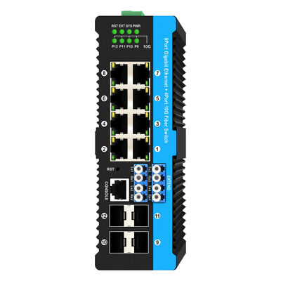 Switch de derivación de fibra industrial con 4 puertos SFP+ de 10G y 8 puertos PoE de 10/100/1000 Mbps para entornos hostiles