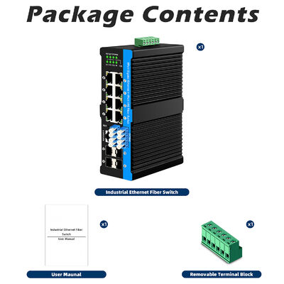 Switch de derivación de fibra industrial con 4 puertos SFP+ de 10G y 8 puertos PoE de 10/100/1000 Mbps para entornos hostiles