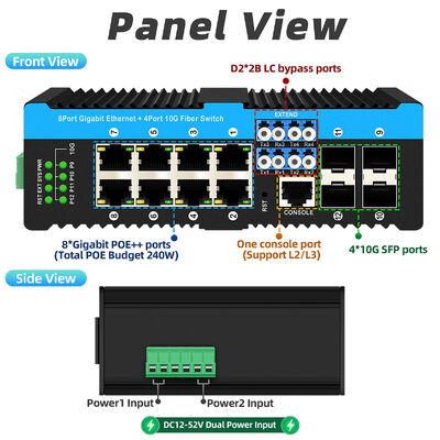 Switch de derivación de fibra industrial con 4 puertos SFP+ de 10G y 8 puertos PoE de 10/100/1000 Mbps para entornos hostiles