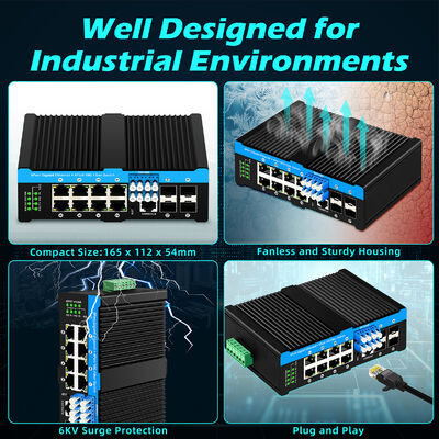 Switch de derivación de fibra industrial con 4 puertos SFP+ de 10G y 8 puertos PoE de 10/100/1000 Mbps para entornos hostiles